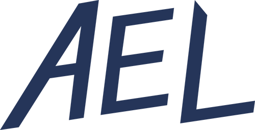 Blue 'AEL' logo on a white background